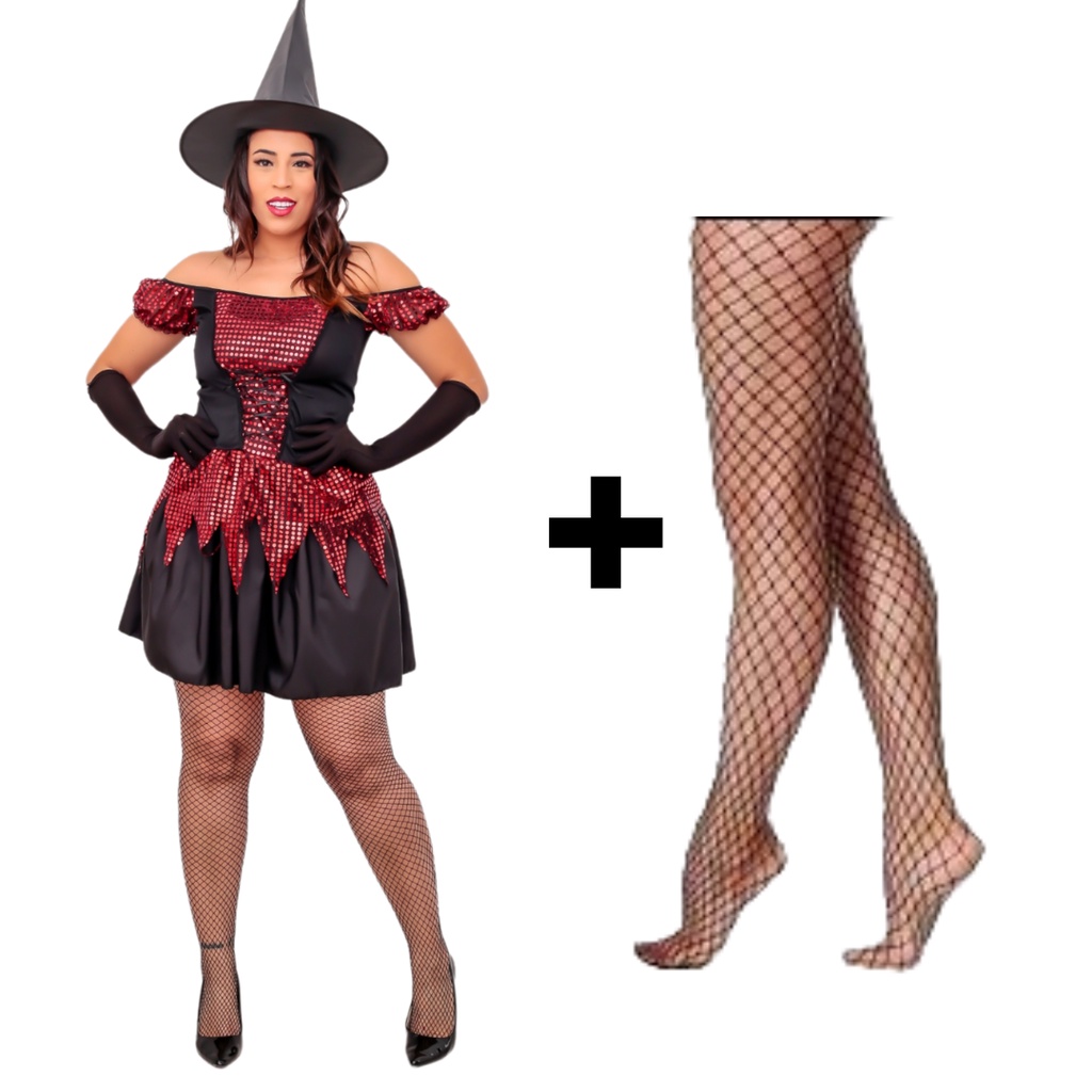 Fantasia Halloween Adulto Bruxa Vestido + Chapéu + Meia Arrastão Vestido de Bruxa Malvada Feiticeira Brilho Carnaval