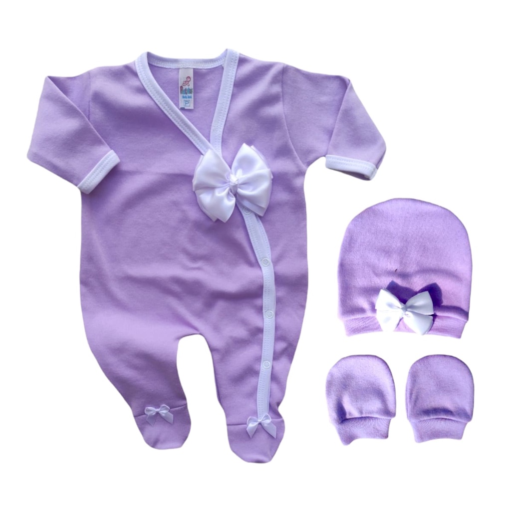 Kit 3 Peças Macacão Kimono Laço + Touca + Luvas Bebê Enxoval