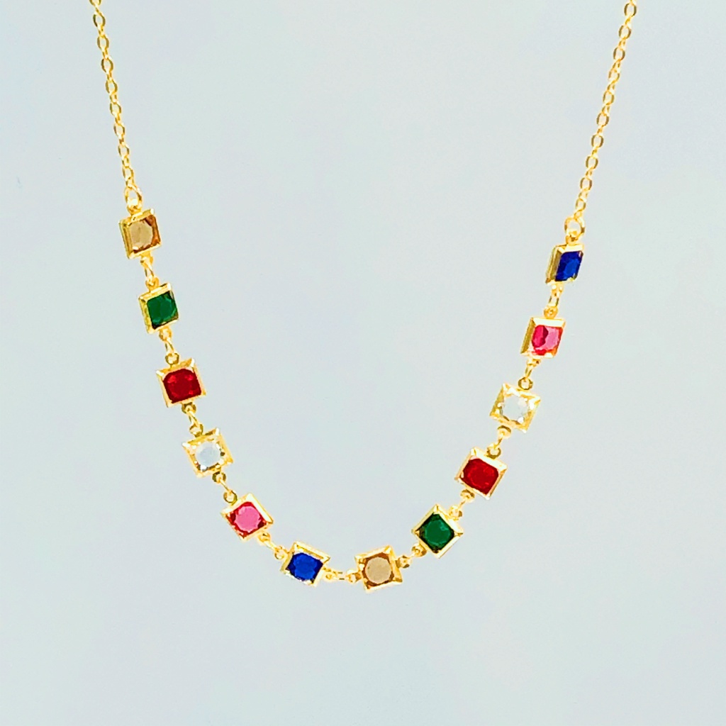 Colar Choker Folheado Pedras Coloridas Banhado a Ouro 18k Prata 925