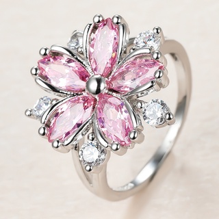 Bonito Feminino Rosa Pedra De Cristal Charme Promessa Anéis Para As Mulheres Dainty Noiva Flor De Zircão Anel De Noivado Casamento Jóias