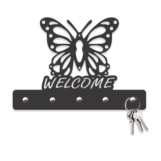 Porta Chaves Porta Chaves Welcome Borboleta em Mdf Vazado de 3mm Preto Fosco