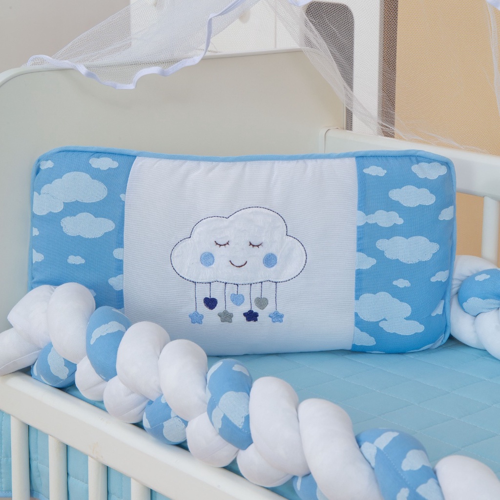 Kit Protetor Mini Berço Nuvem Trança Azul Claro com 08 Peças Algodão Promoção Novo Lançamento