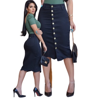 Saia Preta Midi Jeans Botões e Elastano Moda Evangélica Top