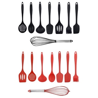Talheres Silicone Maciço Não Tóxico 8 Pcs Preto - Vermelho Colher Escumadeira Pincel Silicone Espatula Concha Batedor Fouet Utensílios Cozinha