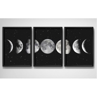 Kit Quadros Decorativos Mosaico 3 Peças Trio Fases da Lua Astronauta Estrela Satélite Natural Planeta Terra Arte Minimalista