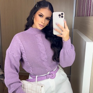 Blusa de frio manga longa bufante com detalhe TRANÇAS moda blogueira Tricô Tricot inverno