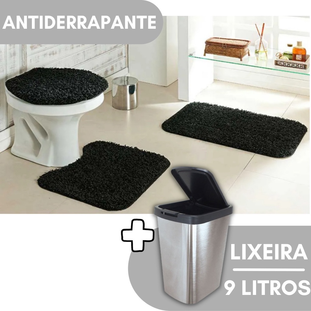 Jogo 3 Pç Tapete Banheiro Premium Emborrachado + Lixeira 9 Litros Click Label Inox