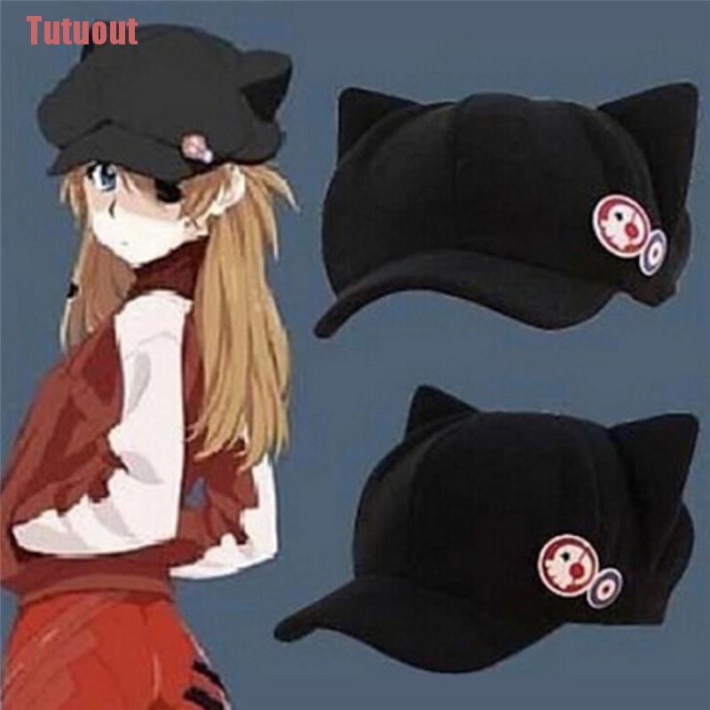 (Tutuout) Anime Neon Genesis Evangelion Eva Asuka Langley Soryu Orelha De Gato Polar Fleece Chapéu Cosplay Para A Mulher Cap + Emblemas