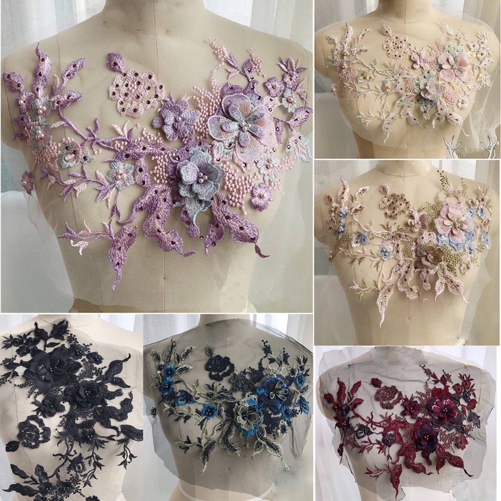 Flores 3D Tecidos De Renda Com Contas Bordados Costurar Em Patches Para Vestidos De Casamento /