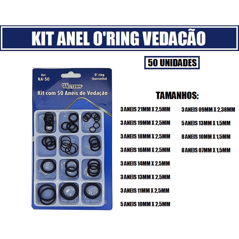 KIT DE ANEL O'RING COM 50 PEÇAS PARA VEDAÇÃO WESTERN