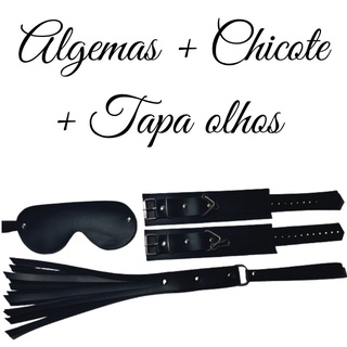 kit com algemas chicote e tapa olhos de couro fetiche  bondage