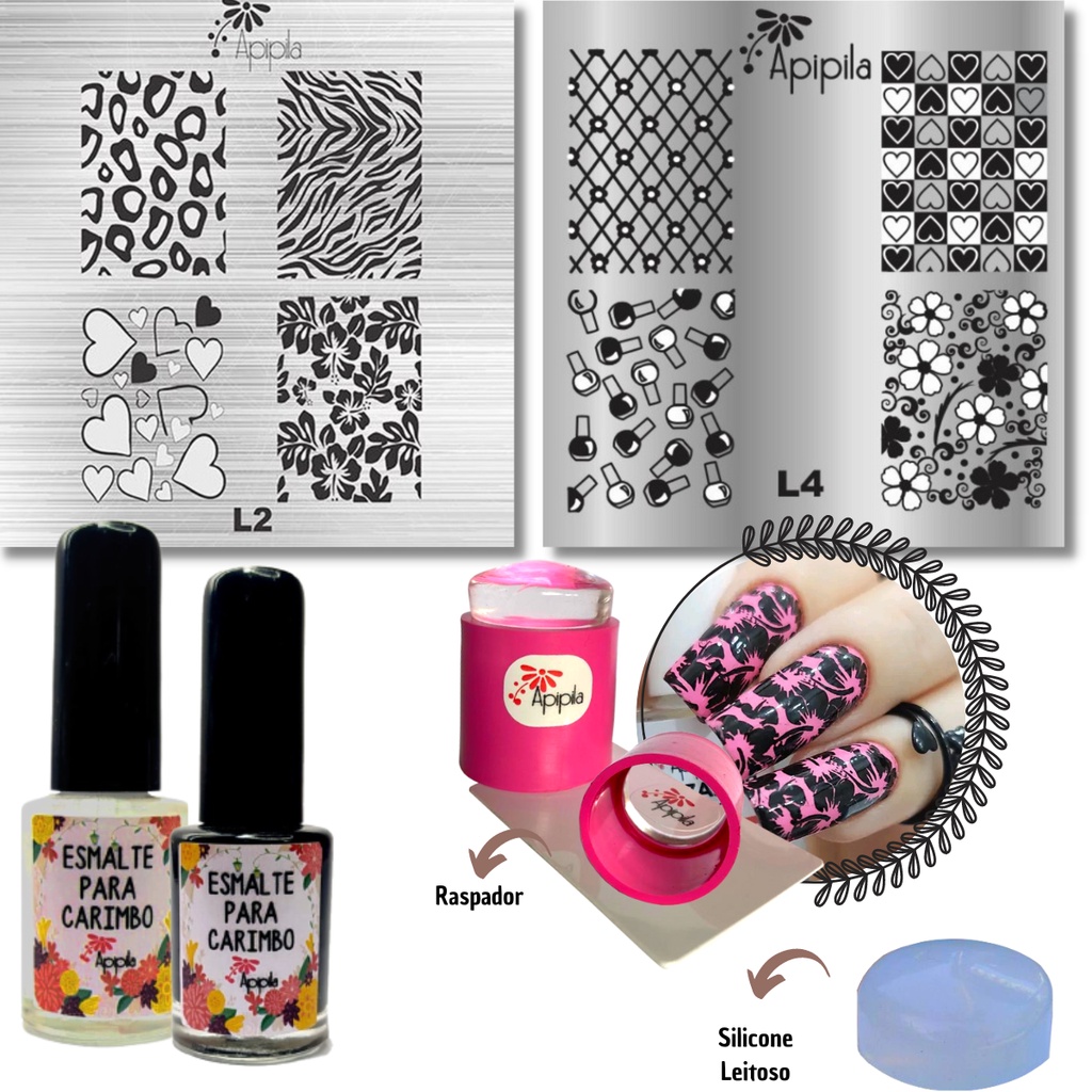 Kit Placas e Carimbo de Unhas Apipila - L02 - L04 - Flores/ Animal Print / Coração / Esmaltes / Onça
