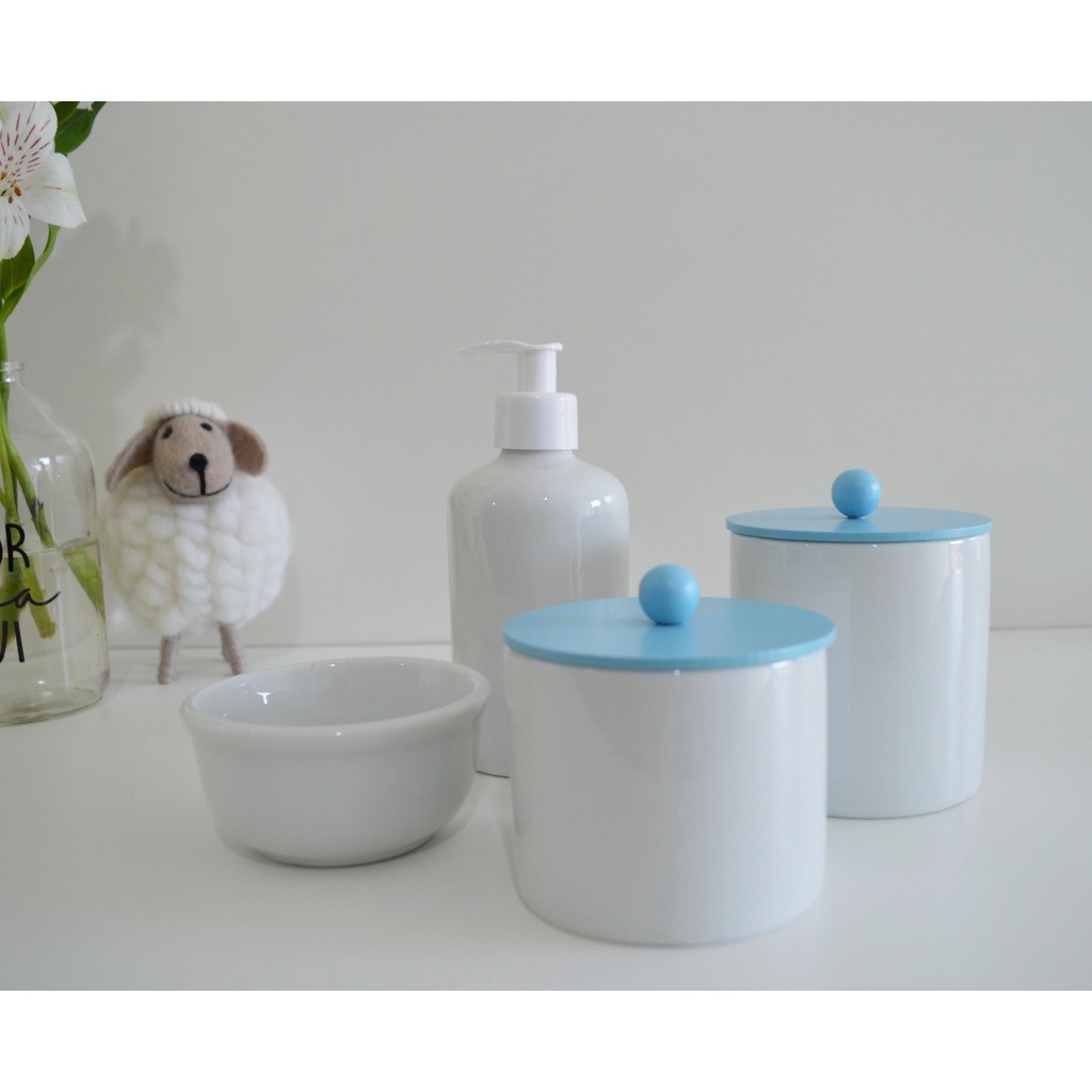 Kit Higiene Porcelanas Bebê Moderno K164 Potes Algodão Cotonetes Quarto Bancada Cuidados Rosa Azul Verde Safari Amarelo