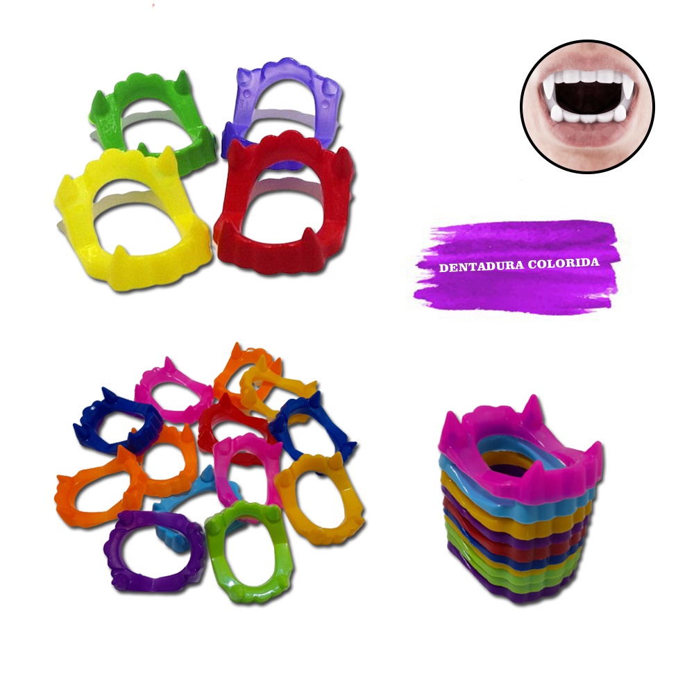 Kit 12 Dentadura Vampiro Plástico Colorida Festa Halloween Infantil Lembrancinha Aniversário Natal Sacolinha