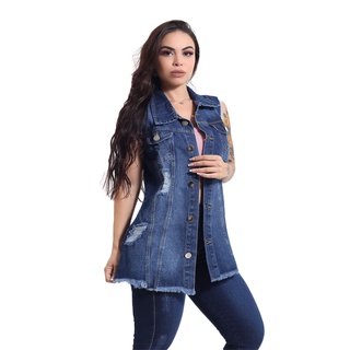 Max Colete Jeans Feminino Longo Com 2 Bolso Super Lindo Azul 1