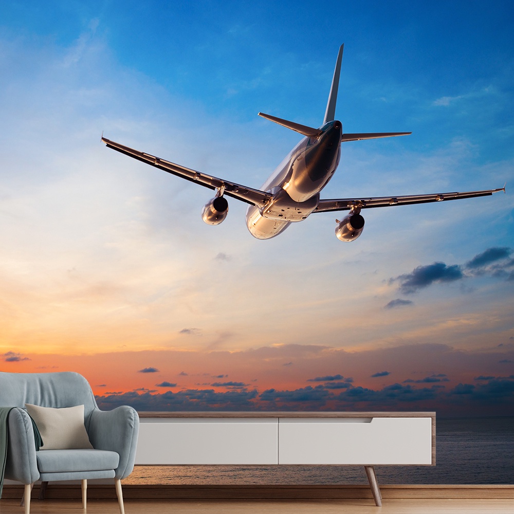 Papel de Parede Avião Mar Nuvens Viagem Sala Painel - 378pc