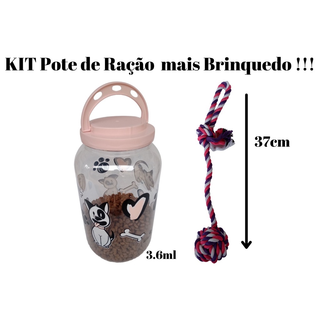KIT Pote Porta Ração 3.6 Tampa com Rosca e Alça + Brinquedo Cordão Cabo de Guerra na cor Rosa, Branco e Roxo – Original para Cães e Gato p/ Armazenar Ração do seu PET.