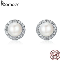 Bamoer 925 Prata Esterlina Clássica Redonda CZ Brincos De Pérola De Água Doce Para Jóias Femininas SCE122