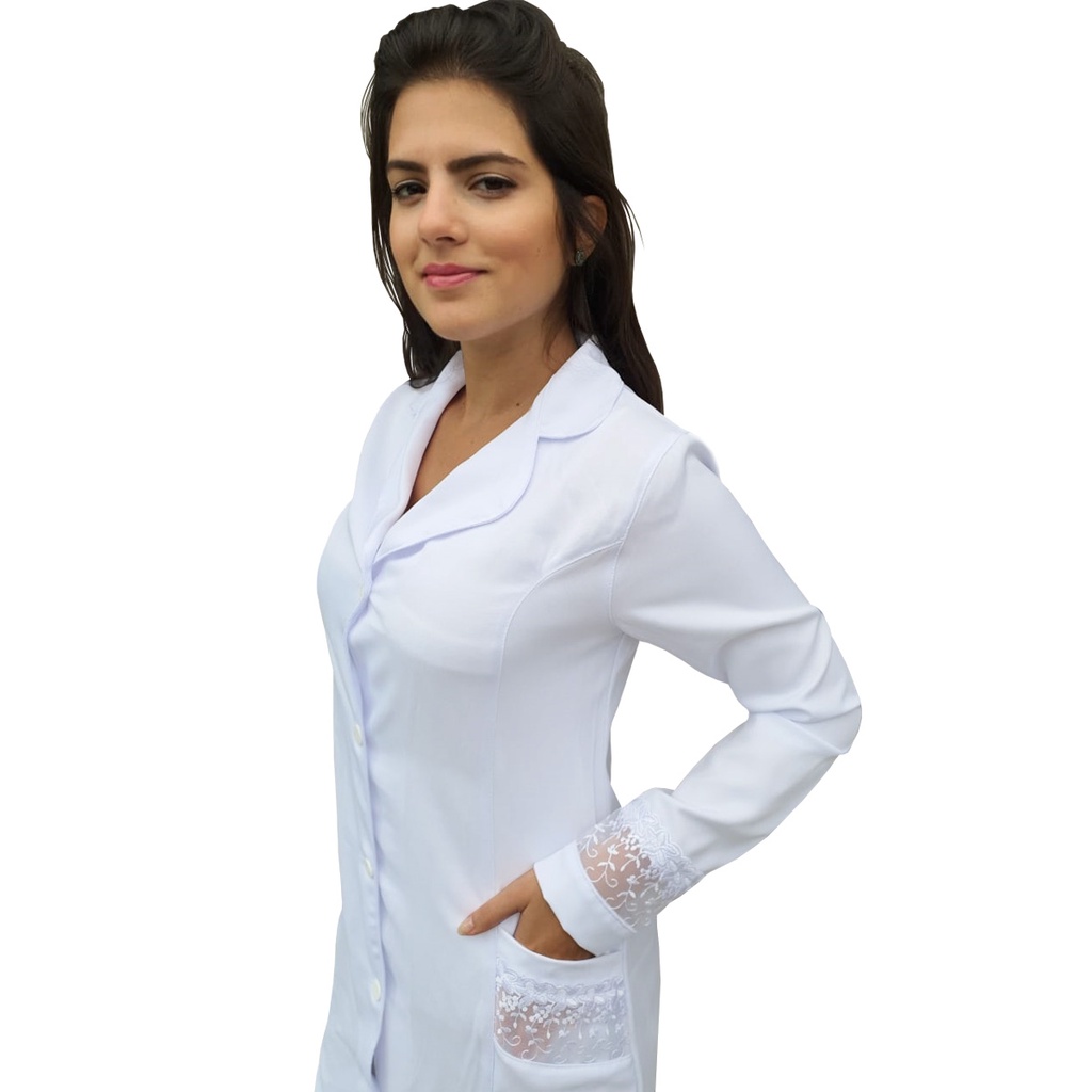 Jaleco/Avental Acinturado Branco Com Detalhe em Renda para Médica Tecido Gabardine Feminino Bu299
