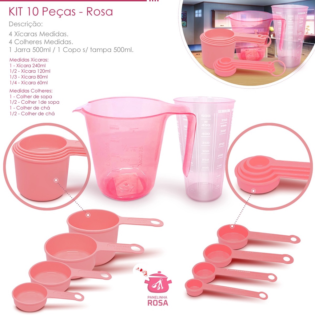 kit medidores 10 peças jarra de 500 ml copo de 500 ml xicara e colher  na cor rosa casa, cozinha decoração e confeitaria