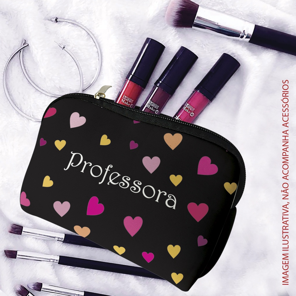 Bolsa Feminina Necessaire de Mão em Neoprene Isoprene Profissões Preto Professora Corações Feminino