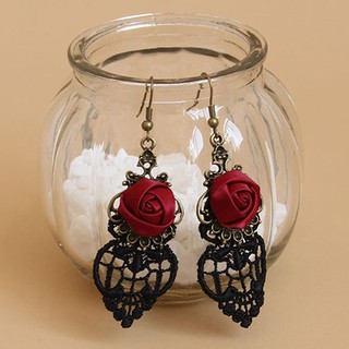 1 Par De Brincos Pendurados Com Flores Vermelhas De Renda Preta Vampiro Gótico Vintage Para Halloween