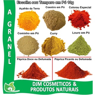 Escolha seu Tempero em Pó 10g: Açafrão Terra / Coentro / Colorau / Cominho / Curry / Louro / Páprica Doce / Picante / Defumada