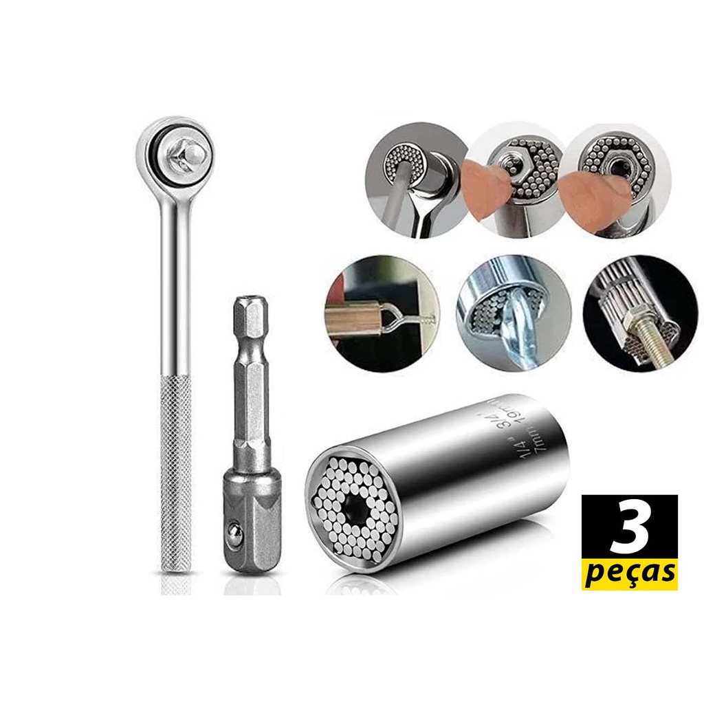 Soquete Universal Multidimensional Com Chave Catraca De 7 - 19mm Profissional Aço Cr-V Resistente