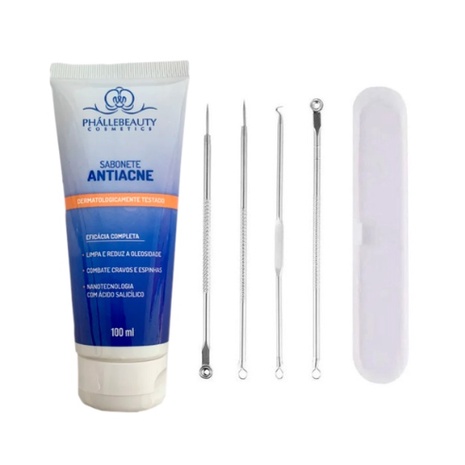 Kit  Estojo Extrator de Cravos com 4 peças QBM00922 +Sabonete Antiacne Phallebeauty