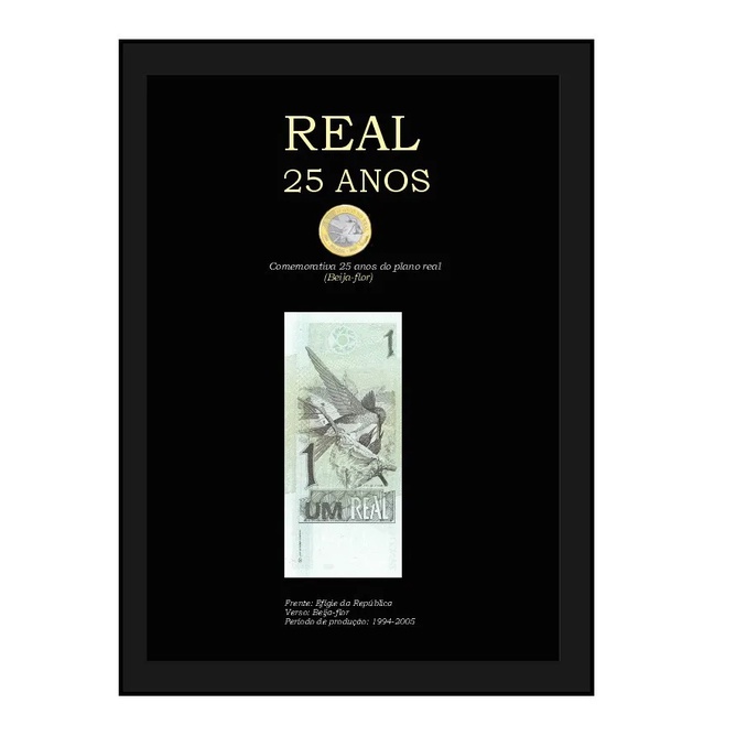 Quadro Moeda Beija Flor comemorativa 25 anos do plano real + Cédula 1 Real Completo