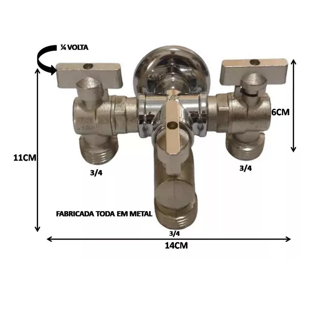 TORNEIRA TRÊS SAÍDAS CROMADA P/ MÁQUINA DE LAVAR TANQUE JARDIM 1/2 X 3/4