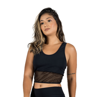 Top Cropped Fitness Feminino Preto com Detalhe em Tela