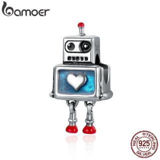 Bamoer 925 Real Silver Cute Robot Heart Charms Encaixa Pulseiras De Charme Para Mulheres Sterling jewelry SCC346