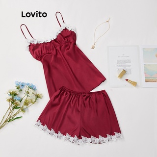 Lovito Elegante Conjunto de Pijama Baby Doll de Renda Sem Ombros Frisado L17X553 (Borgonha)