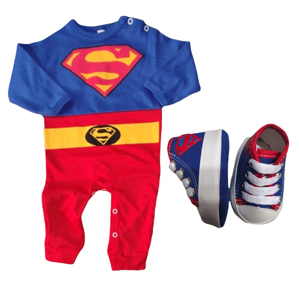 Kit 2 Peças - Macacão + Tênis Super Man Fantasia Menino Mesversário Super Herói Super Homen