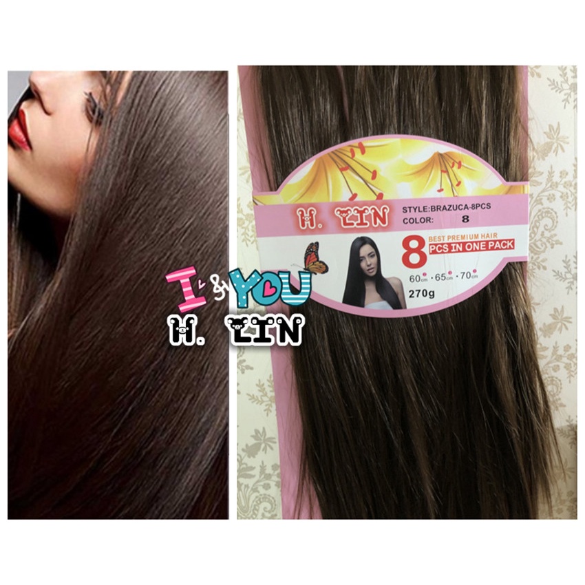 8 telas Cabelo cor 8# castanho medio liso castanho claro 270gramas 70cm Fibra organico