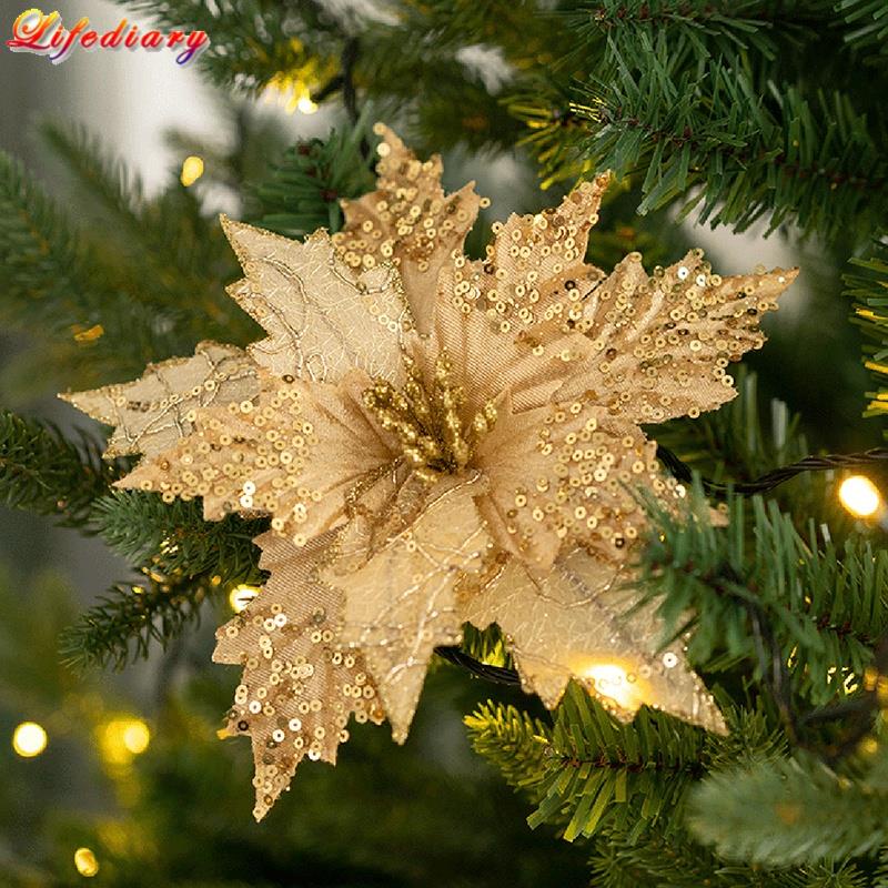 20cm Flor De Natal De Flanela De Lantejoulas Com Caule Dourado Simulação  Flor De Natal Árvore De Natal Decoração Flor Decoracão | Shopee Brasil