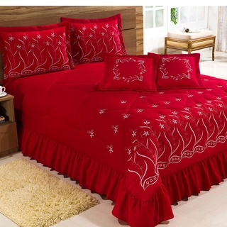 KIT COBRE LEITO DESEJOS CASAL QUEEN 05 PEÇAS BORDADO PROMOÇÃO ! ( VERMELHO )