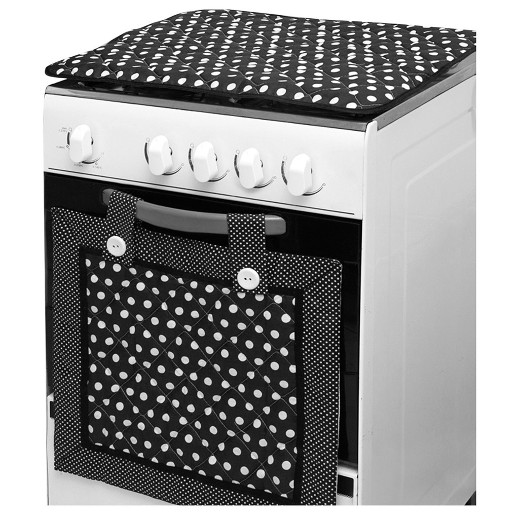 Kit para fogão 4 Bocas : Cortina Forno + Capa P/ Tampa Fogão  - Poá Preto