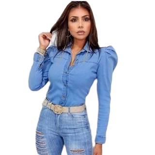 Camisa Jeans Feminina Manga Longa Princesa Bufante