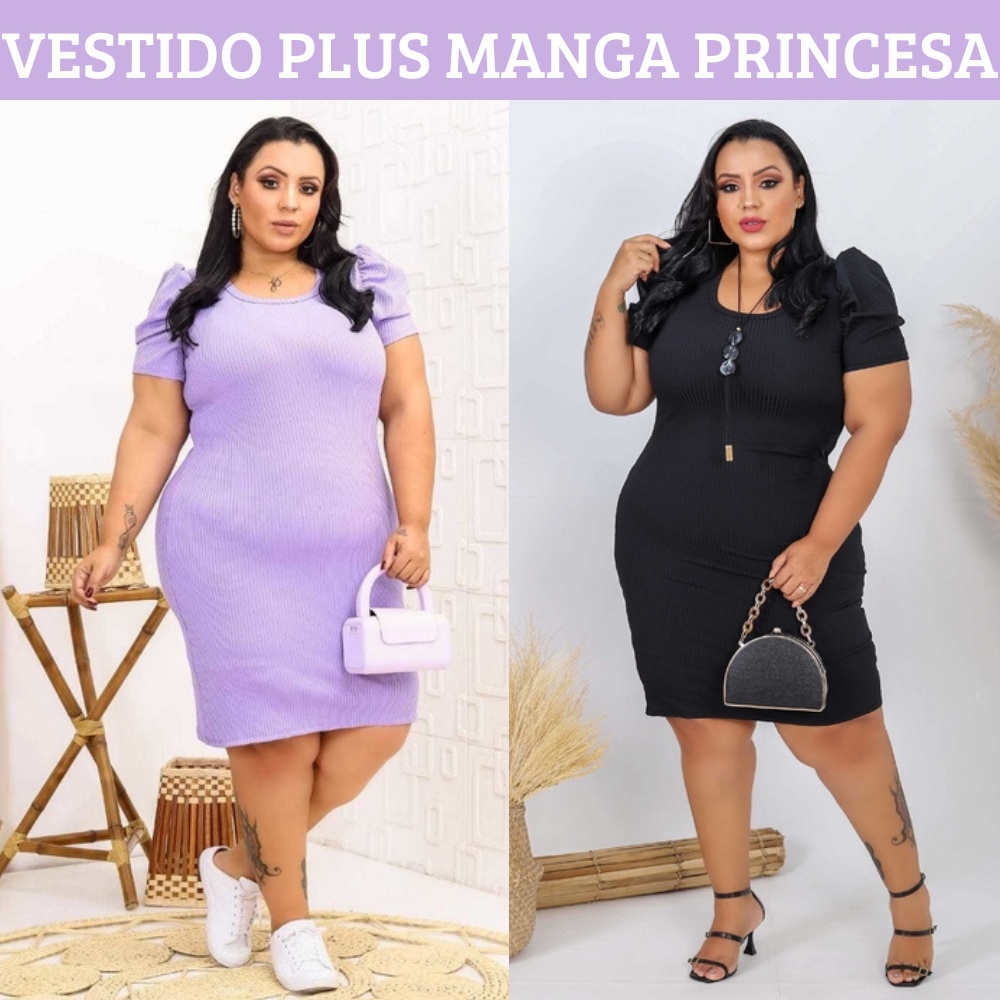 Vestido Plus Size (46 ao 52) Manga Princesa Tecido Canelado Roupas Femininas Plus Size Moda Blogueira Vestido Feminino