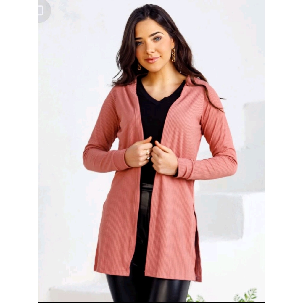 Cardigan feminino manga longa canelado liso