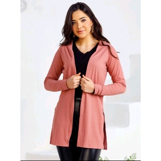 Cardigan feminino manga longa canelado liso