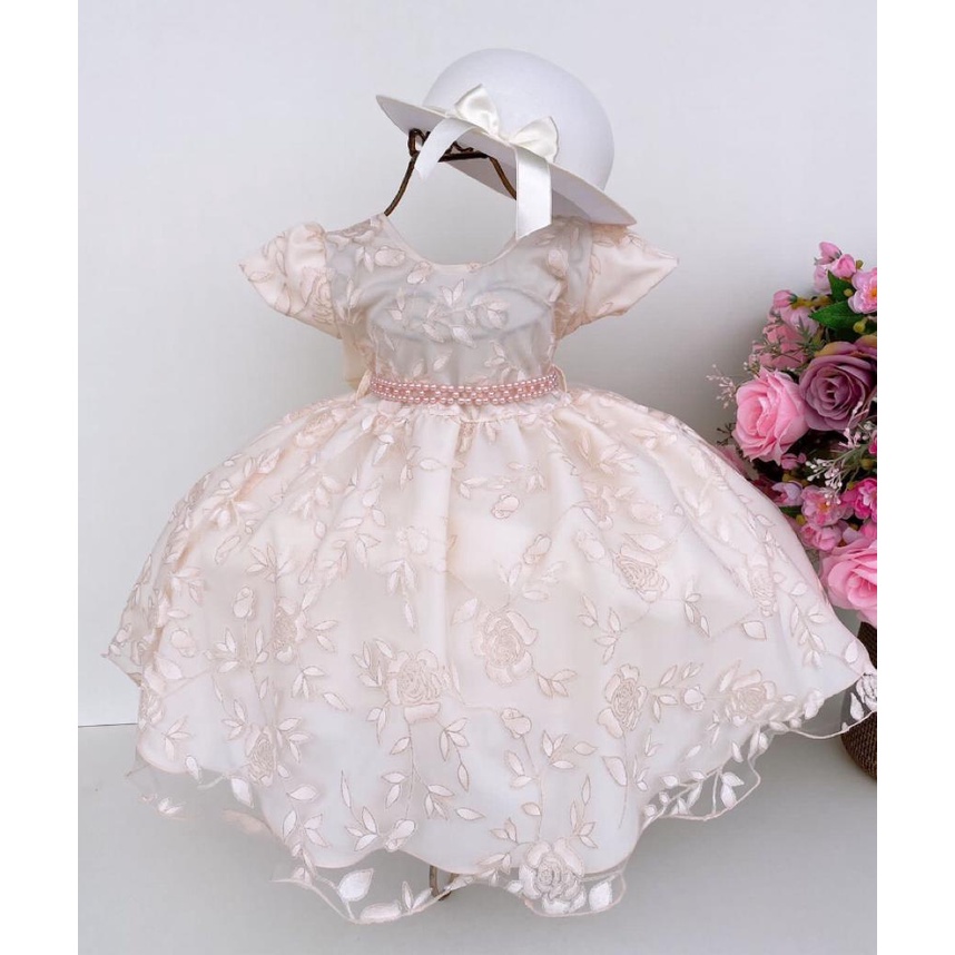 Vestido Infantil Batizado Aniversario Festas Casamento Ensaios Fotográficos Veestido Bebê e Infantil de Festa Luxo Chapéu