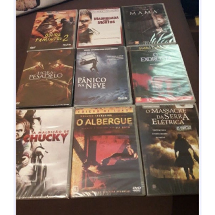 combo 9 DVD lacrados de fábrica.Olhos famintos 2/ Madrugada dos Mortos Pânico na Neve, O Albergue, O Massacre da Serra Elétrica, O Exorcista, A Hora do Pesadelo, Mama, A Maldição de Chucky todos lacrados e dublado