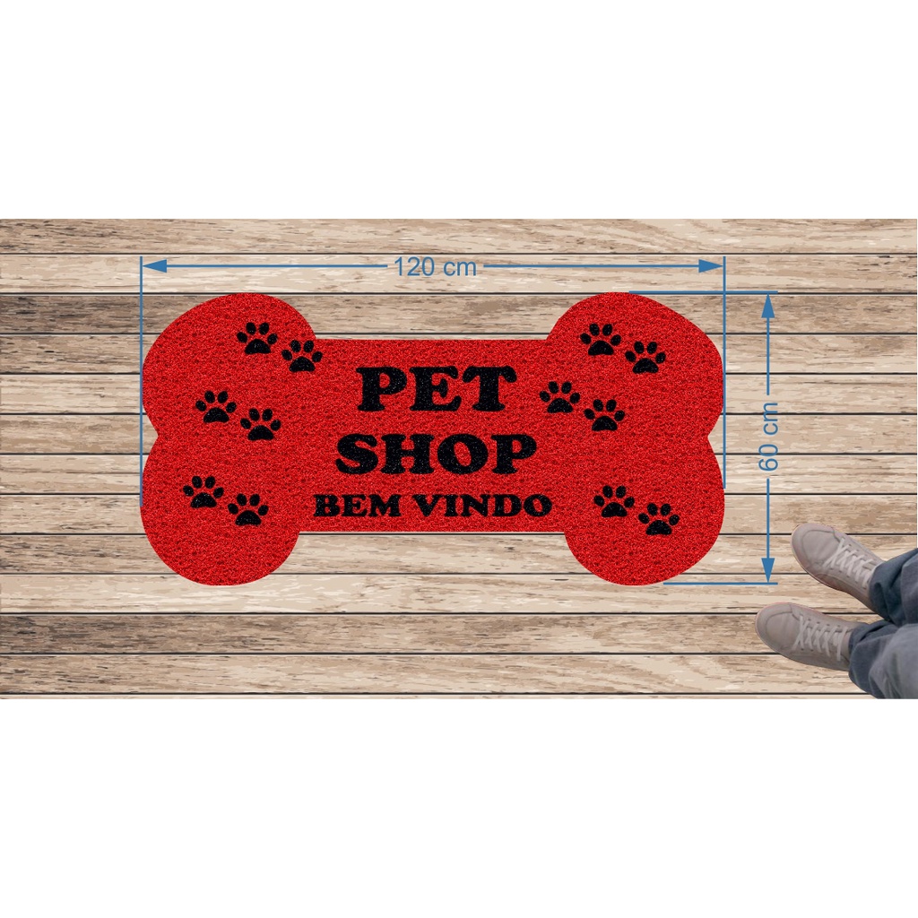 Tapete Capacho para Pet Shop Bem Vindo no Formato do Osso Antiderrapantes 120x60 cm