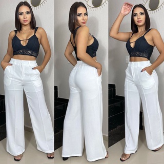 Calça Feminino Alfaiataria Pantalona Duna Cós Cintura Alta Botão Encapado Moda