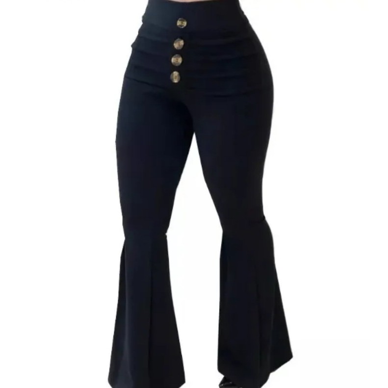 Calça Flare Feminina Elastano Roupa Boca Sino Modeladora Casual Botões Fake Calças Com Lycra Moda Básica Super Fashion