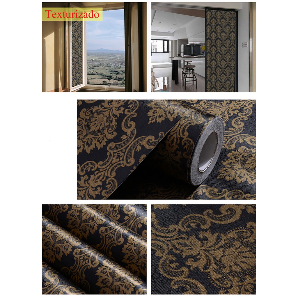 Papel De Parede Adesivo Para Quarto Sala Janela Arabesco Dourado Preto Texturizado Mais Grosso