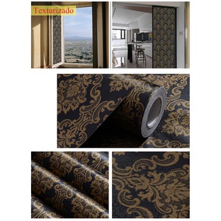 Papel De Parede Adesivo Para Quarto Sala Janela Arabesco Dourado Preto Texturizado Mais Grosso